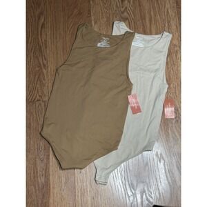 2 NWT State Of Day Women Body Suit Thong Snap Sz Medium One Piece Tan/ Brown